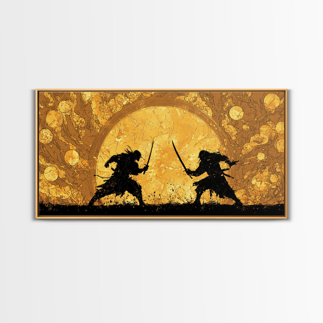 Samurai Duel Canvas Gold Art Canvas Art Norse Inspired Epic Warrior Wall Art Man Cave Decor Office Gift framed in real wood