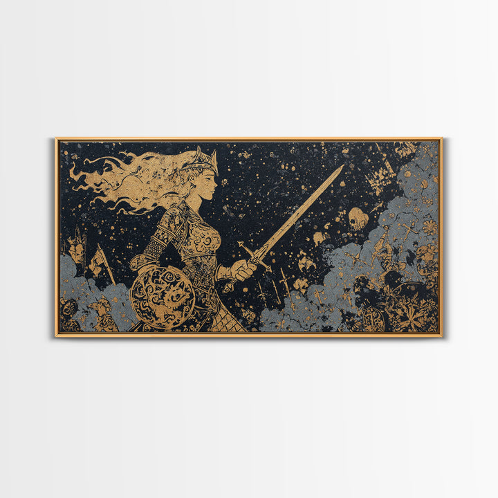 Viking Warrior Queen Hervor Canvas Gold Art Canvas Art Nordic Mythology Wall Decor for Office or Man Cave framed in real wood