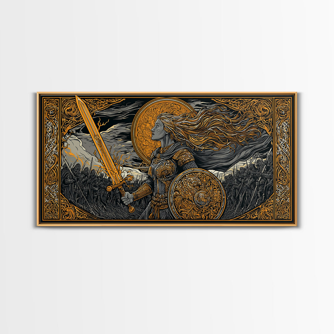 Shieldmaiden Hervor Canvas Gold Art Canvas Art Norse Warrior Goddess Viking Wall Decor Dad Gift Office framed in real wood