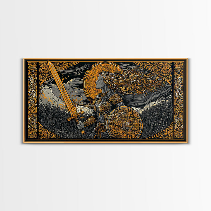 Shieldmaiden Hervor Canvas Gold Art Canvas Art Norse Warrior Goddess Viking Wall Decor Dad Gift Office framed in real wood