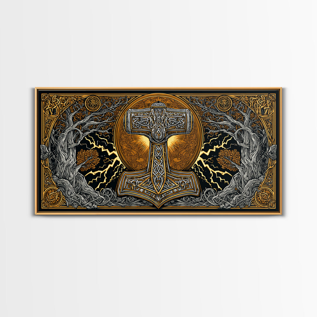 Mjolnir Norse Hammer Canvas Gold Art Canvas Art Viking Symbol Wall Art for Man Cave Office or Dad Gift in handcrafted real wood frame