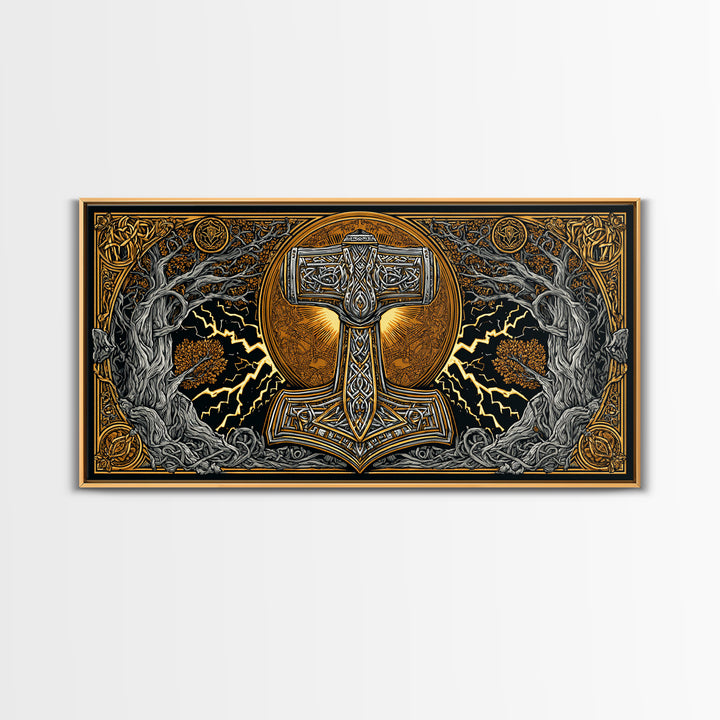 Mjolnir Norse Hammer Canvas Gold Art Canvas Art Viking Symbol Wall Art for Man Cave Office or Dad Gift in handcrafted real wood frame