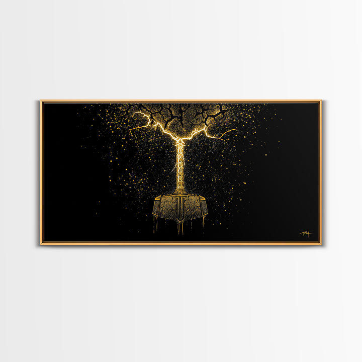 Thor’s Mjolnir Hammer Canvas Gold Art Canvas Art Nordic Wall Art Viking Decor Mythology Office Piece framed in premium natural wood