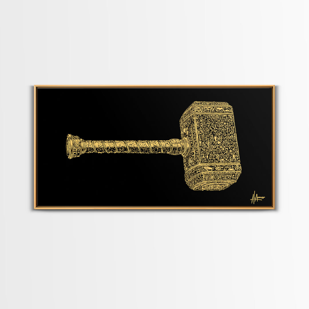 Thor’s Hammer Mjolnir Canvas Gold Art Canvas Art Nordic Mythology Wall Hanging Viking Decor Office Art Gift framed in solid natural wood