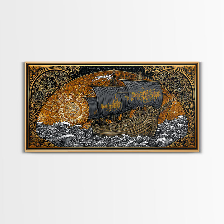 Viking Ship Naglfar Canvas Gold Art Canvas Art Nordic Longship Decor Norse Mythology Office Wall Art Man Cave framed in authentic wood