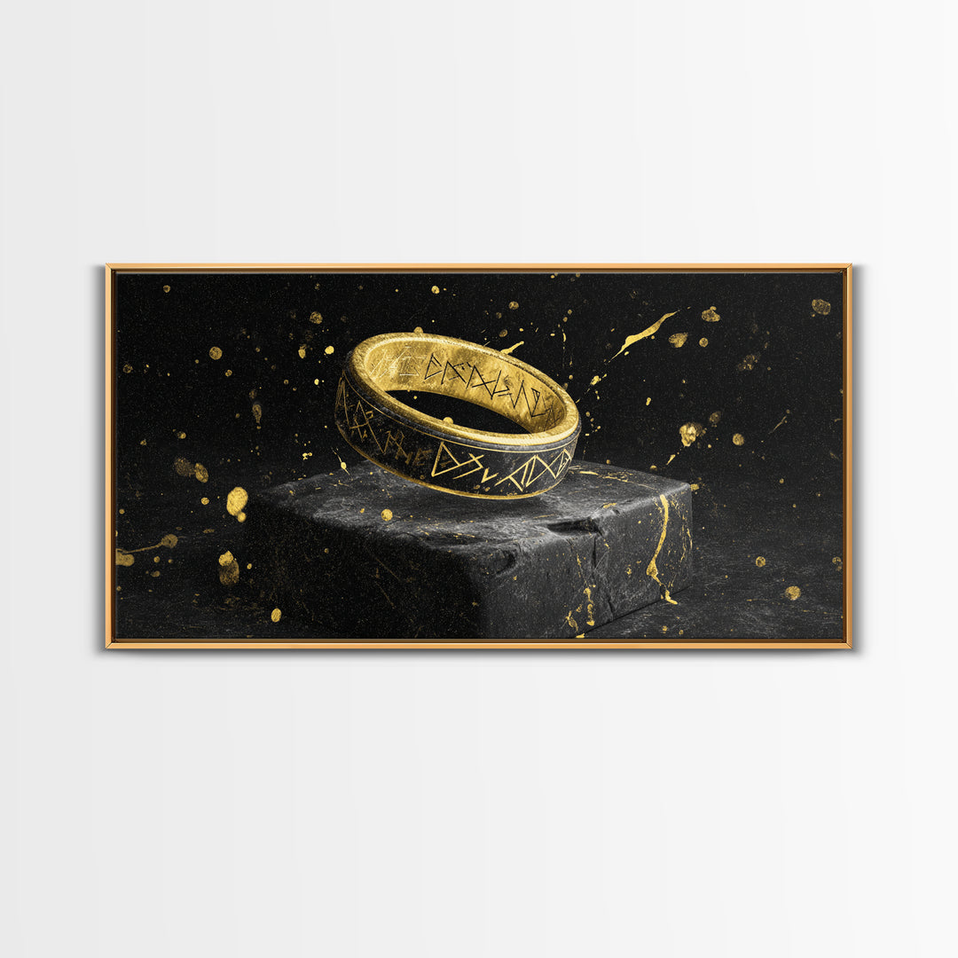 Viking Rune Ring Canvas Gold Art Nordic Symbol Canvas Art Norse Jewelry Wall Decor, Office Art or Dad Gift with real wood frame