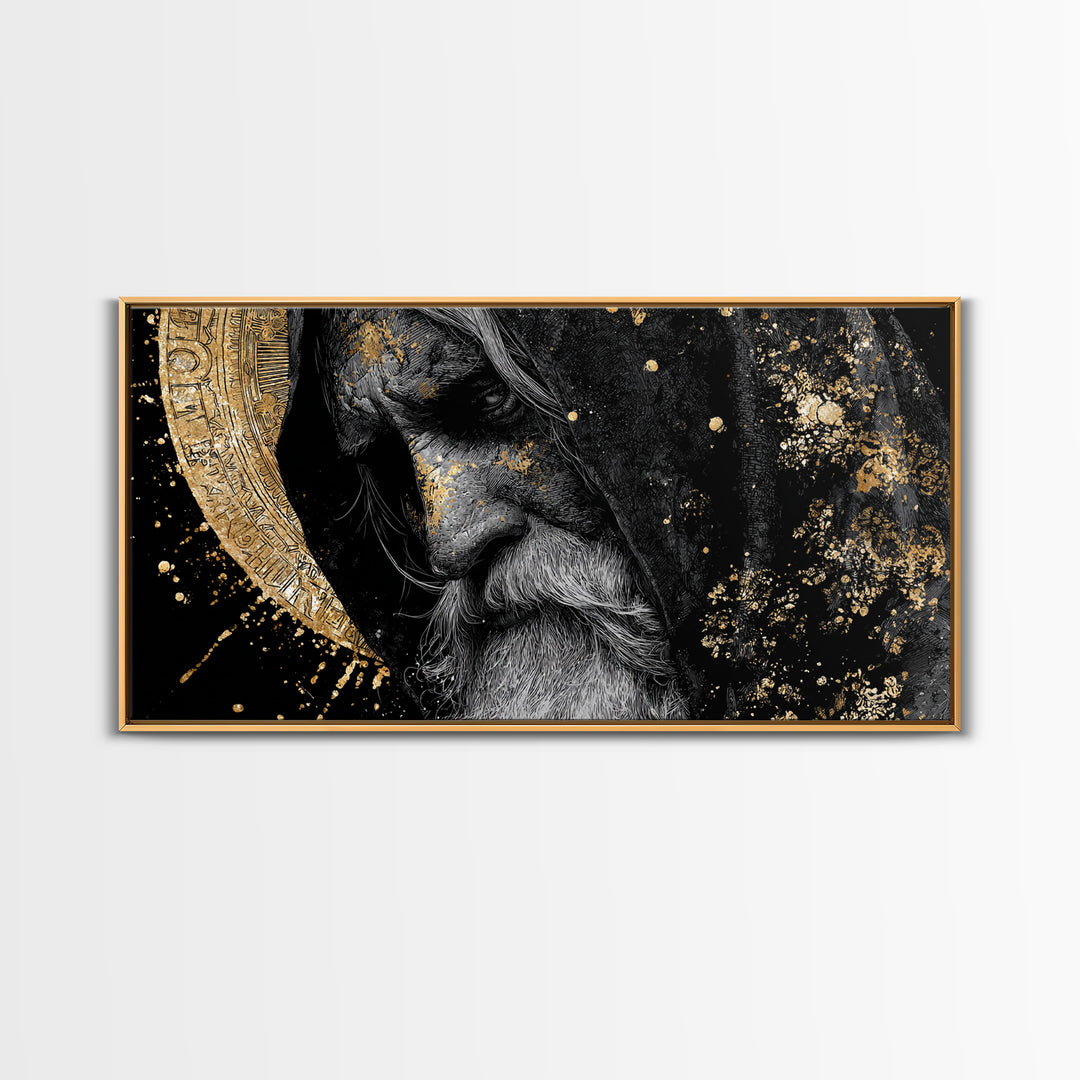 Odin Wisdom Canvas Gold Art Nordic Mythology Norse God Canvas Art, Viking Office Wall Decor for Men framed in natural wood