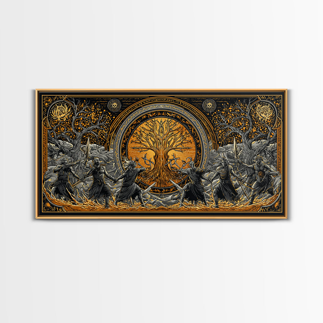 Sköll Wolf Canvas Gold Art Norse Mythology Canvas Art, Viking Wolf Devours the Sun Wall Decor in real wood frame for office