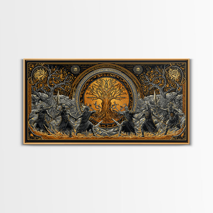 Sköll Wolf Canvas Gold Art Norse Mythology Canvas Art, Viking Wolf Devours the Sun Wall Decor in real wood frame for office