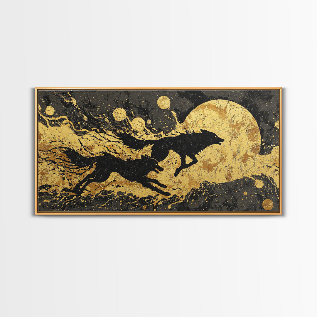 Fenrir Wolf Canvas Gold Art Norse Mythology Canvas Art, Viking Beast of Ragnarok Wall Decor for Office or Man Cave in wood frame
