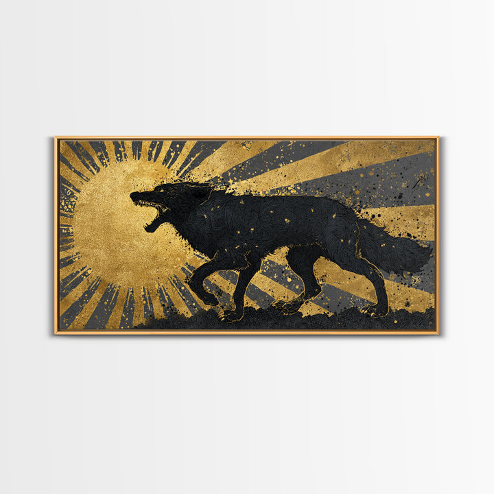 Hati and Sköll Wolves Canvas Gold Art Norse Mythology Canvas Art, Viking Sun and Moon Chase Wall Decor framed in real wood