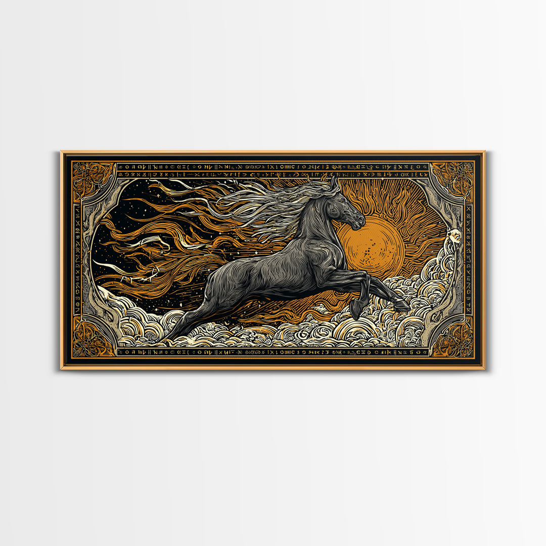 Mythical Sleipnir Canvas Gold Art Wall Decor, Odin’s Eight-Legged Horse Norse Canvas Art with real wood frame, Viking Office Art