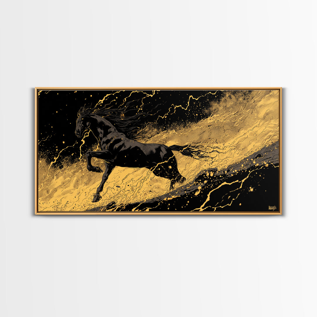 Nordic Sleipnir Horse Canvas Art, Canvas Gold Art in Norse Mythology Style, Man Cave Wall Art for Men, framed in authentic wood