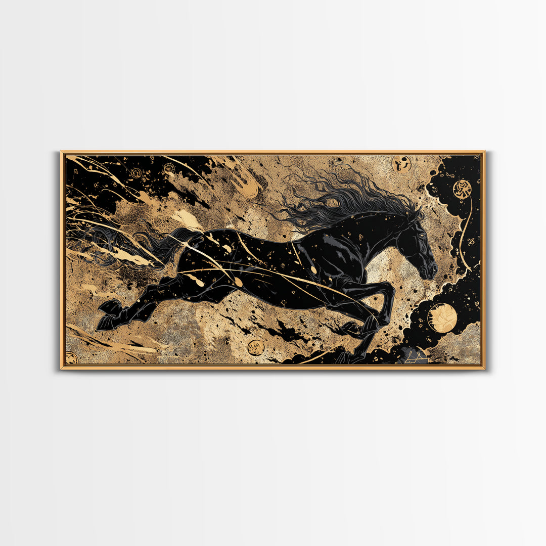 Sleipnir Norse Horse Canvas Gold Art, Nordic Mythology Canvas Art for Man Cave or Office, framed in natural wood, unique Dad Gift