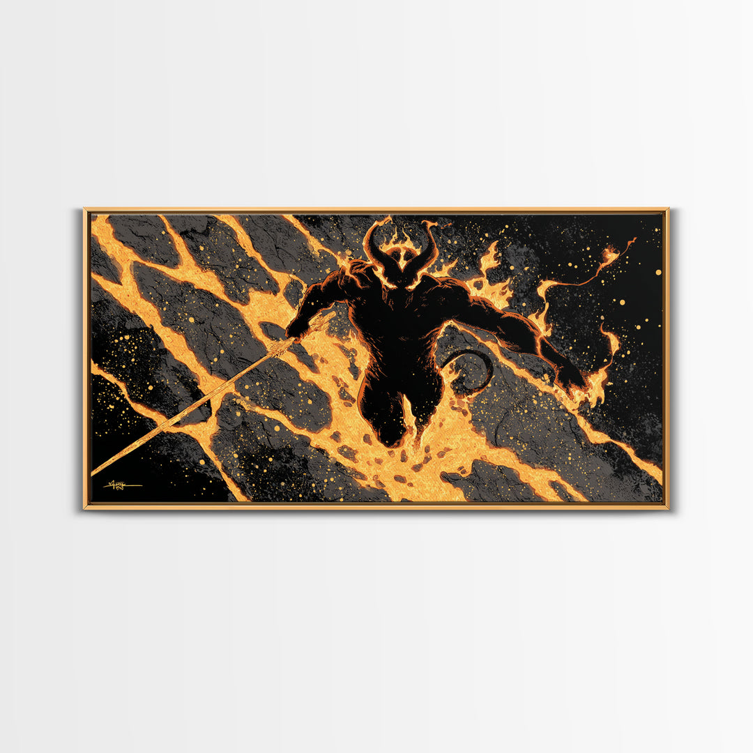 Mythical Surtur with Flaming Sword Canvas Gold Art, Viking Canvas Art Norse Decor, Man Cave Office Art, framed in handcrafted wood