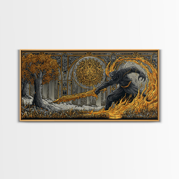 Surtur Norse Fire Giant Canvas Art, Nordic Mythology Canvas Gold Art for Office Wall or Man Cave, framed in real wood, bold Dad Gift
