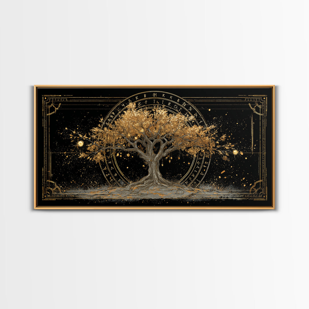 The World Tree Yggdrasil Canvas Gold Art, Norse Mythology Canvas Art for Office, Viking Man Cave Decor, framed in natural wood