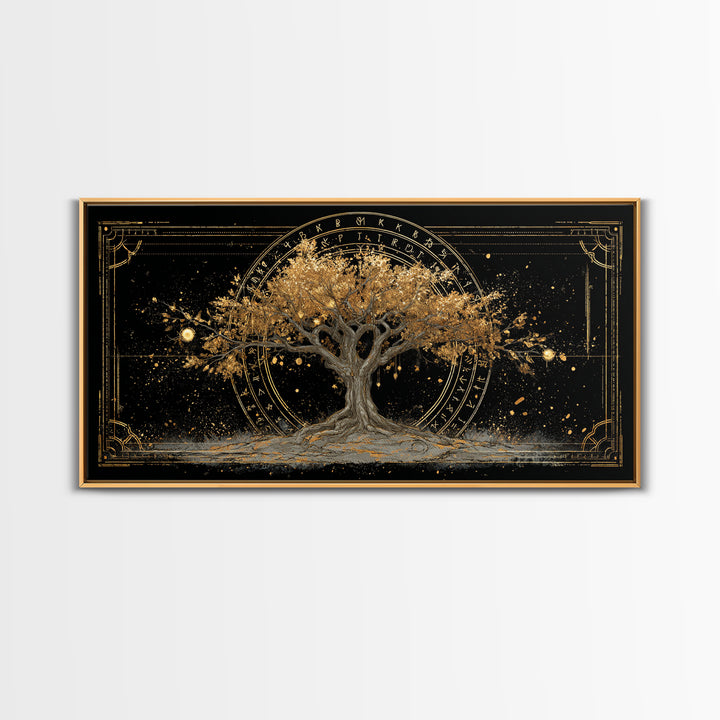 The World Tree Yggdrasil Canvas Gold Art, Norse Mythology Canvas Art for Office, Viking Man Cave Decor, framed in natural wood
