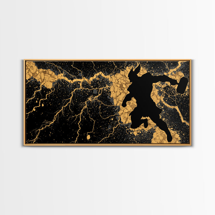 Viking Thor with Mjolnir Canvas Gold Art, Norse Mythology Canvas Art Wall Decor for Man Cave or Dad Gift, framed in solid wood