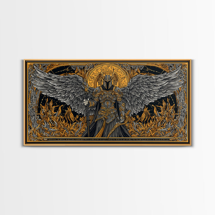 Winged Valkyrie Warrior Canvas Art, Canvas Gold Art Norse Decor, Nordic Mythology Office Art for Men, framed with real wood detail
