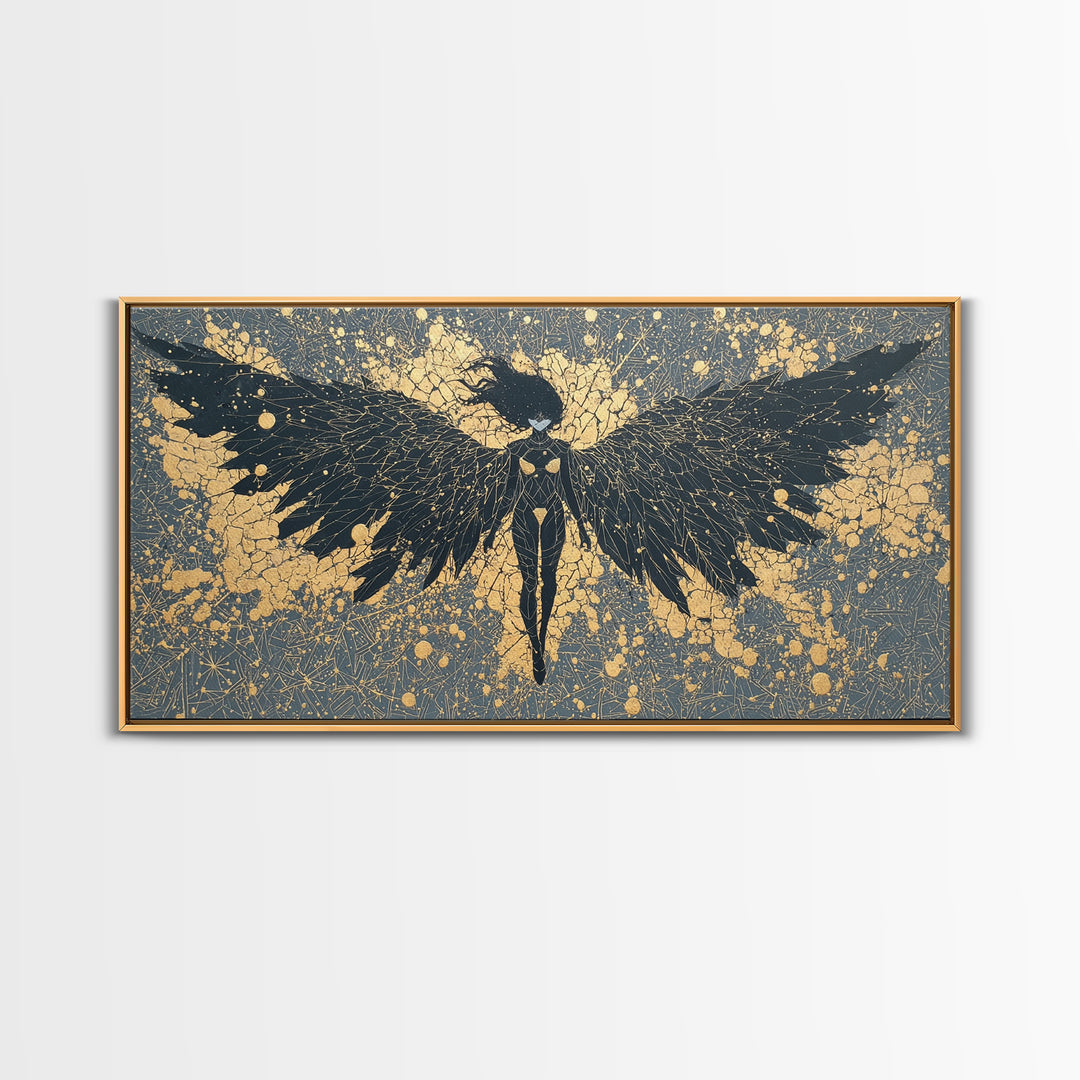 Canvas Art Valkyrie Angel Canvas Gold Art, Norse Mythology Wall Hanging framed in Natural Wood, Dad Gift or Office Decor