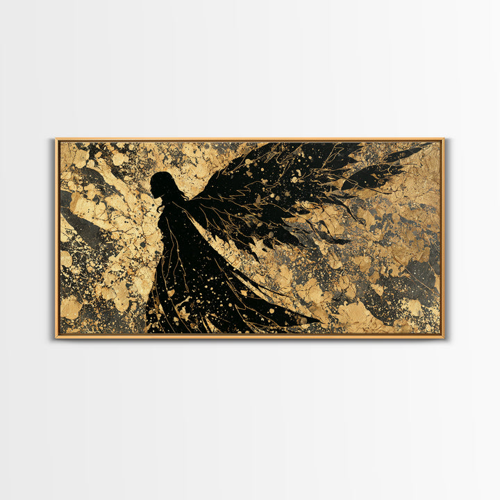 Valkyrie Canvas Gold Art, Norse Mythology Canvas Art Warrior Woman, Nordic Decor for Office or Man Cave, framed in natural wood