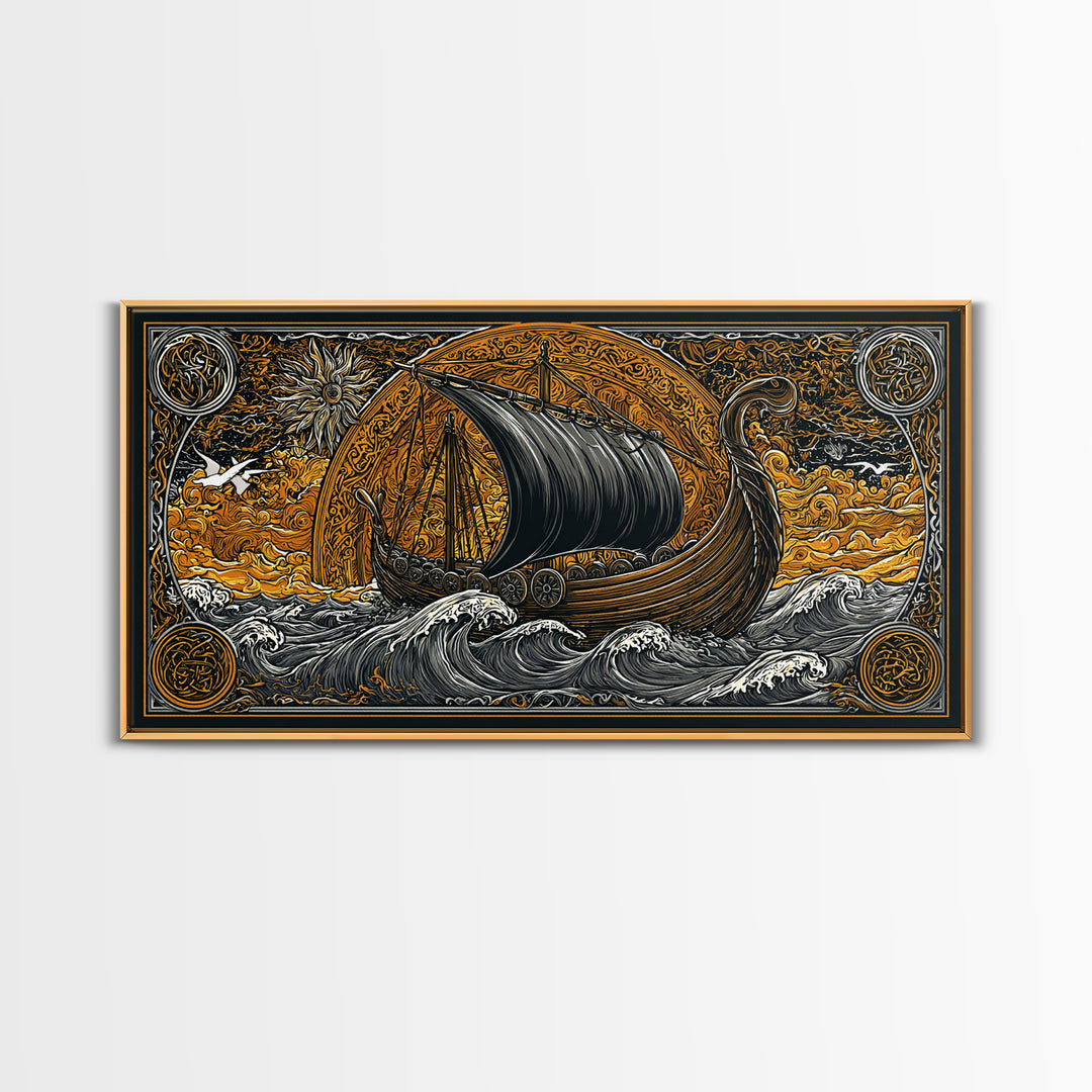 Viking Ship Canvas Gold Art Canvas Art, Norse Longboat Sailing Wall Decor with Real Wood Frame, Nordic Mythology Office Artwork