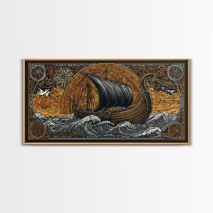 Viking Ship Canvas Gold Art Canvas Art, Norse Longboat Sailing Wall Decor with Real Wood Frame, Nordic Mythology Office Artwork