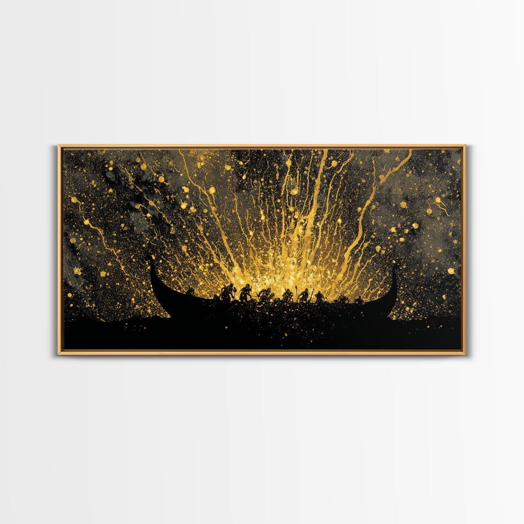 Canvas Art Viking Longship Canvas Gold Art, Nordic Seafaring Norse Decor in Real Wood Frame, Man Cave or Office Wall Hanging