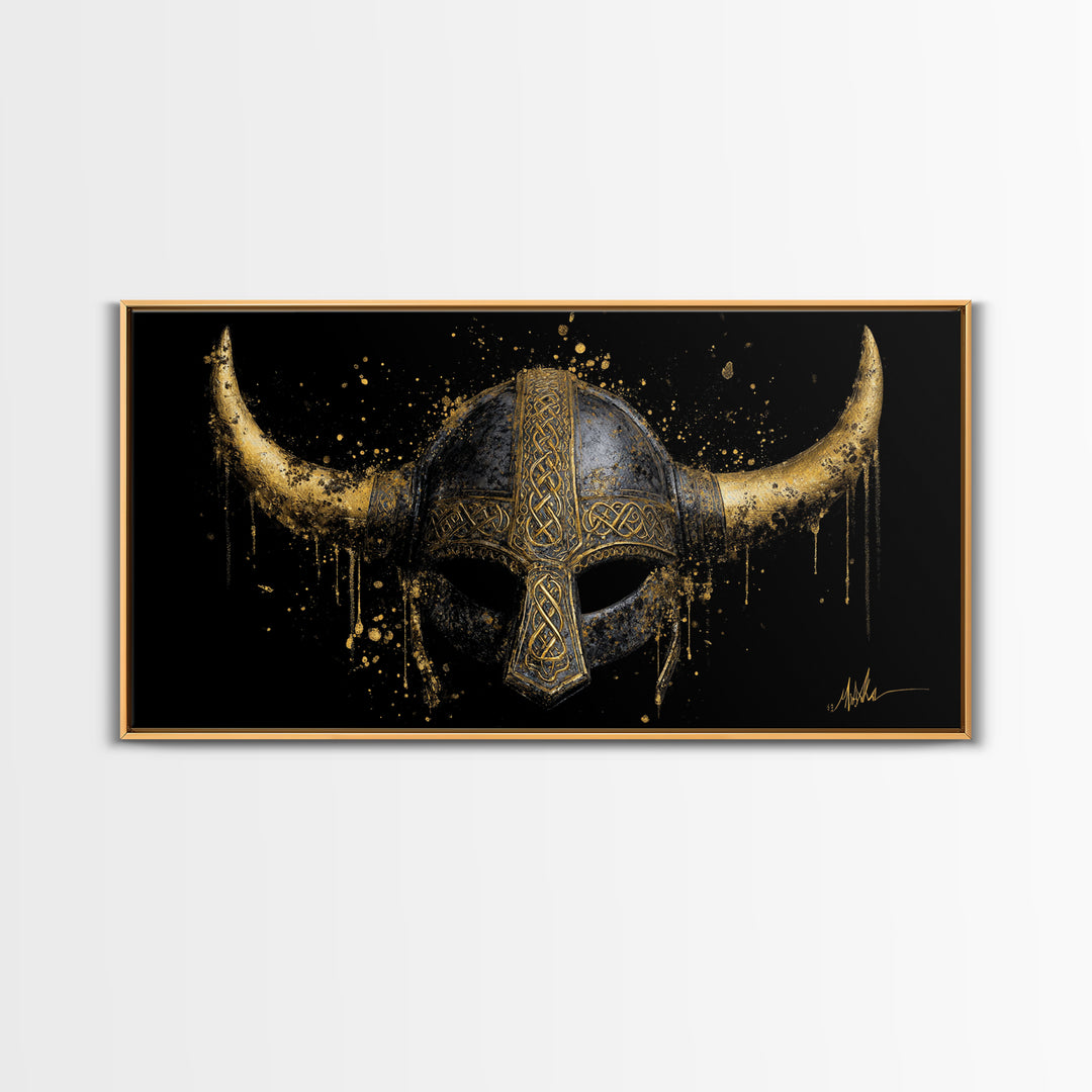 Nordic Valkyrie Canvas Gold Art Canvas Art, Norse Goddess Warrior Silhouette with Wings, Man Cave Wall Art in Real Wood Frame