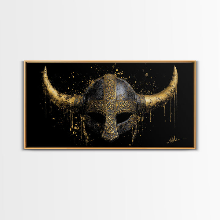 Nordic Valkyrie Canvas Gold Art Canvas Art, Norse Goddess Warrior Silhouette with Wings, Man Cave Wall Art in Real Wood Frame
