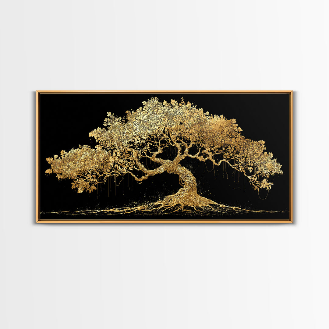 Canvas Art Yggdrasil Canvas Gold Art, Norse Tree of Life Wall Hanging with Real Wood Frame, Nordic Mythology Man Cave or Dad Gift