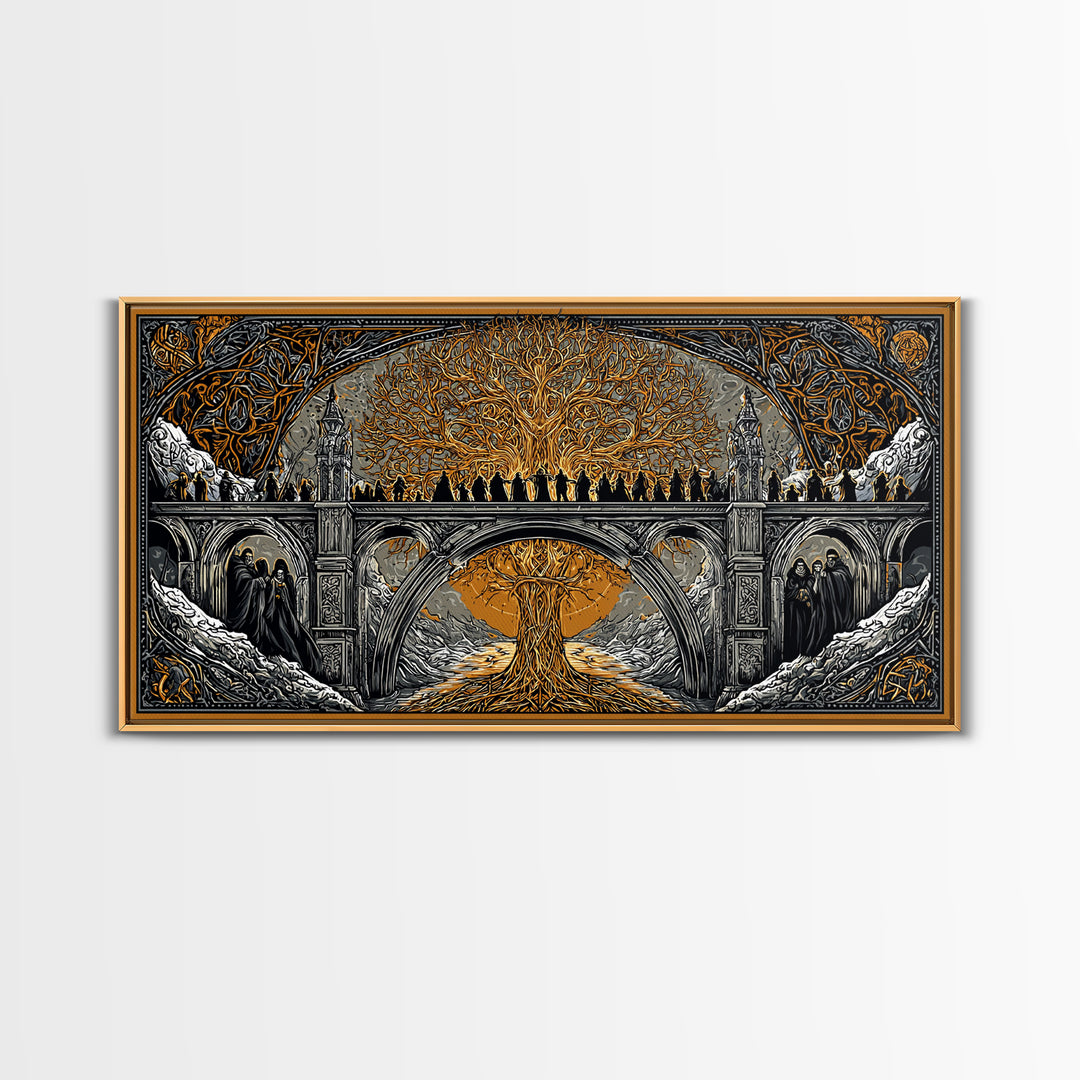 Yggdrasil Bridge Nordic Mythology Wall Decor | Canvas Gold Art Canvas Art | Norse Gods Fantasy Scene framed in real wood
