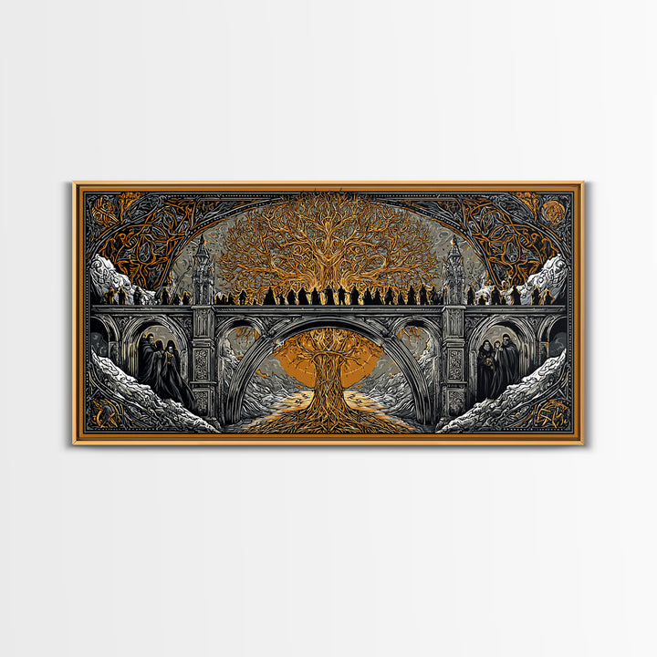 Yggdrasil Bridge Nordic Mythology Wall Decor | Canvas Gold Art Canvas Art | Norse Gods Fantasy Scene framed in real wood