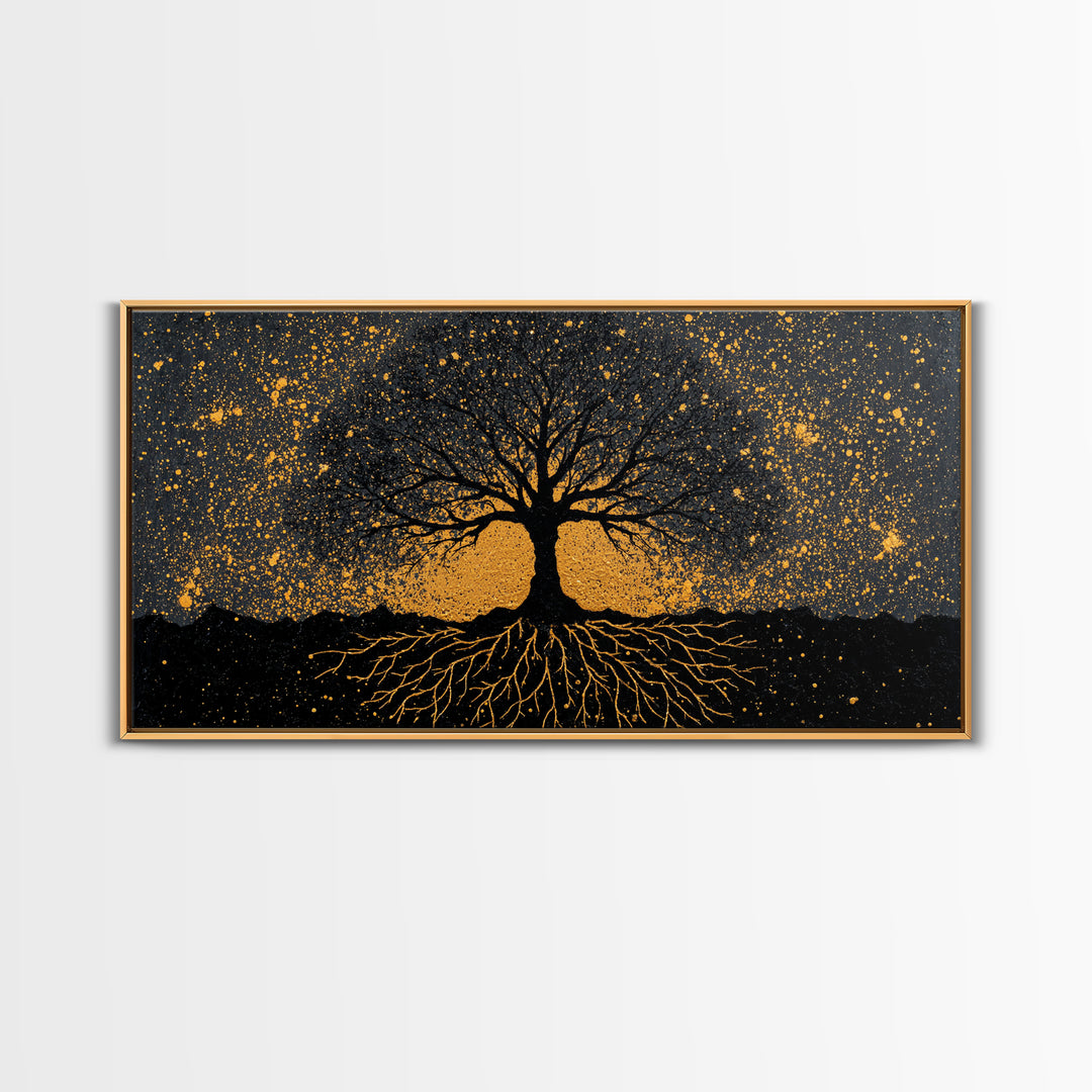 Viking Funeral Canvas Gold Art Canvas Art, Norse Longship Silhouette Wall Decor framed in Natural Wood, Nordic Mythology Artwork