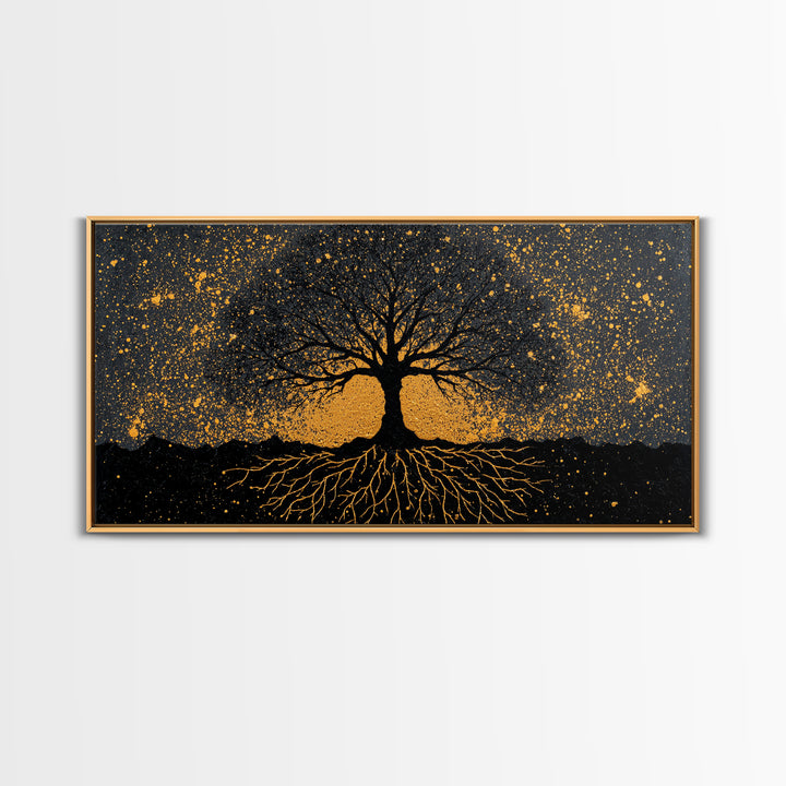 Viking Funeral Canvas Gold Art Canvas Art, Norse Longship Silhouette Wall Decor framed in Natural Wood, Nordic Mythology Artwork