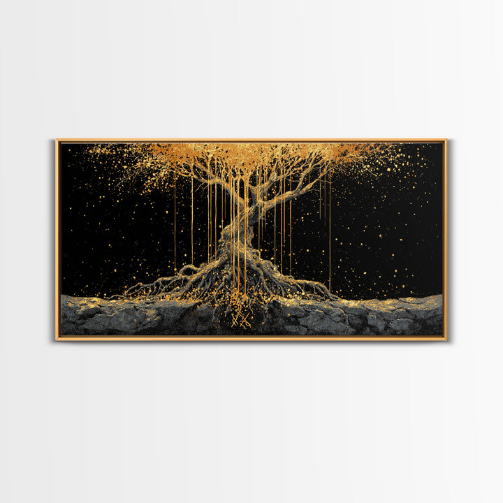 Norse Yggdrasil Tree of Life Canvas Gold Art Canvas Art | Nordic Mythology Office Wall Decor Man Cave Gift in natural wood frame