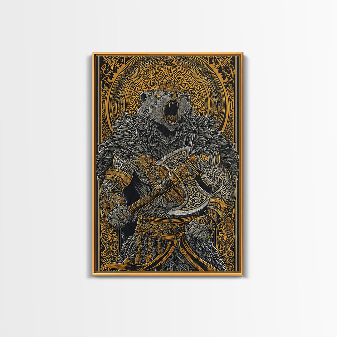 Nordic Bear Warrior Canvas Gold Art Canvas Art | Viking Mythology Wall Decor for Office or Man Cave | Framed in Natural Wood