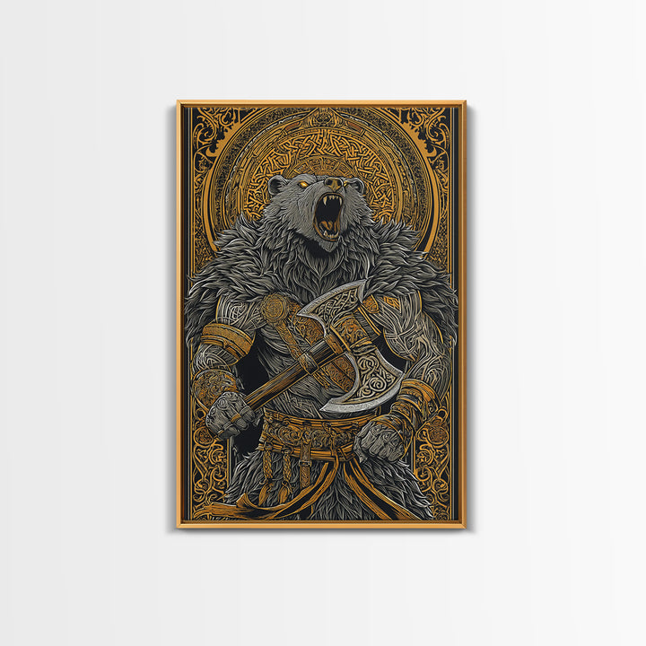 Nordic Bear Warrior Canvas Gold Art Canvas Art | Viking Mythology Wall Decor for Office or Man Cave | Framed in Natural Wood
