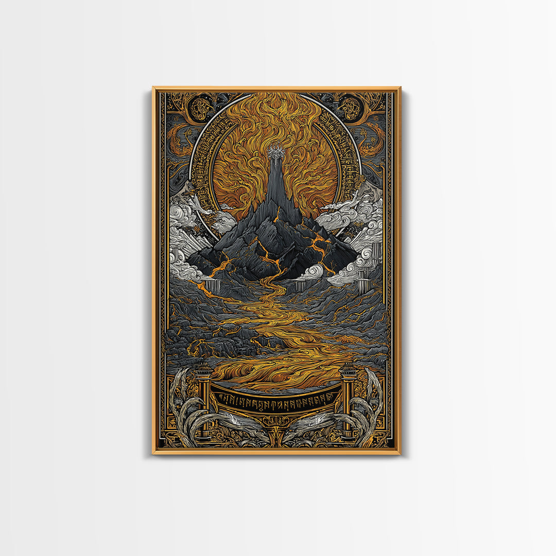 Muspelheim Fire Mountain Canvas Gold Art Canvas Art | Viking Mythology Lava Landscape Wall Art | Natural Wood Frame Included