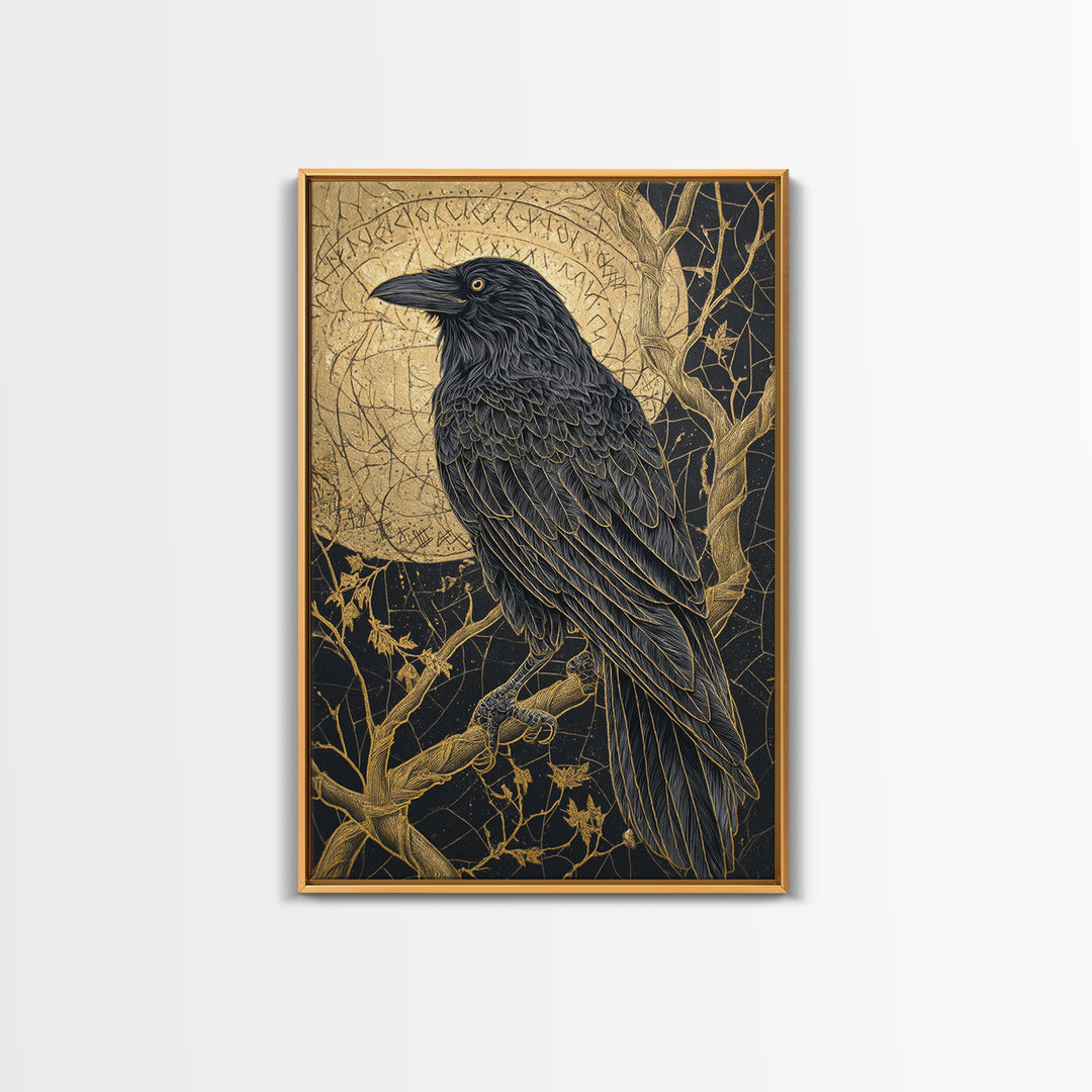 Odin’s Raven Canvas Gold Art Canvas Art | Norse Mythology Bird Symbol Wall Decor for Office or Dad Gift | Set in Real Wood Frame