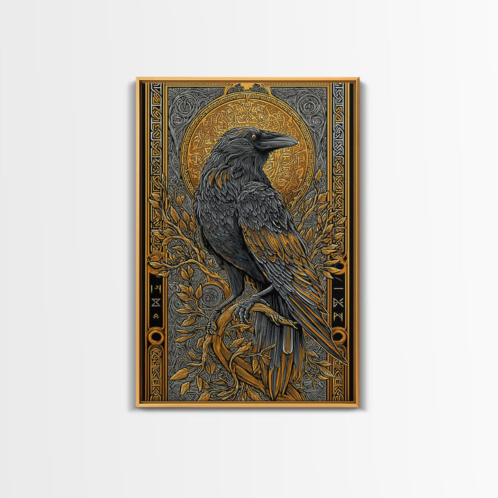 Hugin Raven Canvas Gold Art Canvas Art | Viking Odin Symbol Norse Mythology Decor | Man Cave Wall Art | Framed in Solid Wood