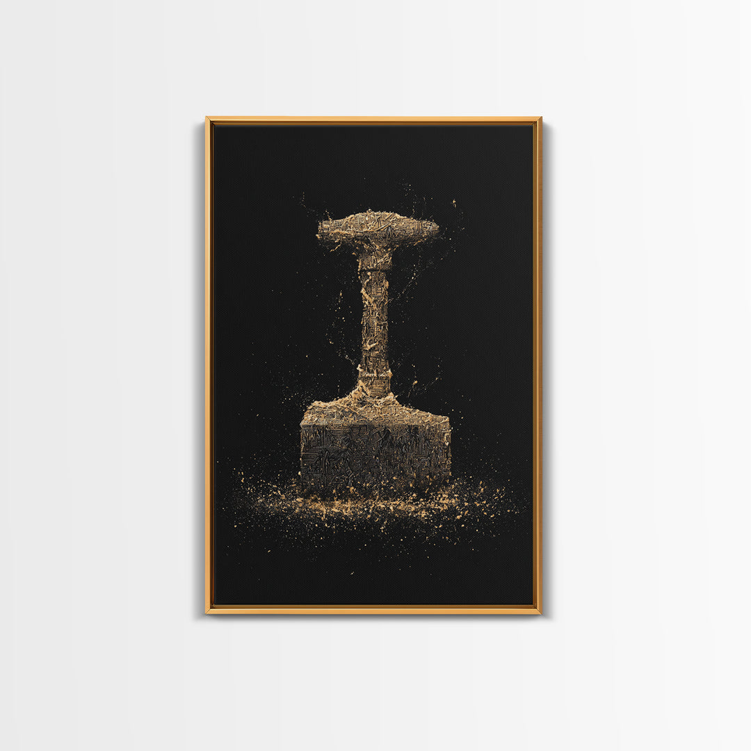 Thor’s Hammer Canvas Gold Art Canvas Art | Norse Mythology Mjölnir Wall Decor Pagan Viking Symbol | Mounted with Real Wood Frame