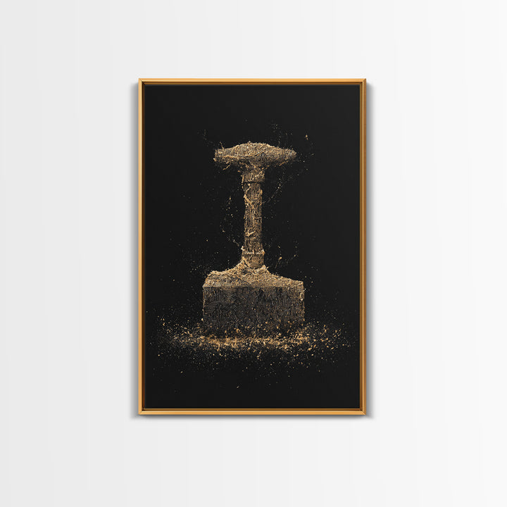 Thor’s Hammer Canvas Gold Art Canvas Art | Norse Mythology Mjölnir Wall Decor Pagan Viking Symbol | Mounted with Real Wood Frame