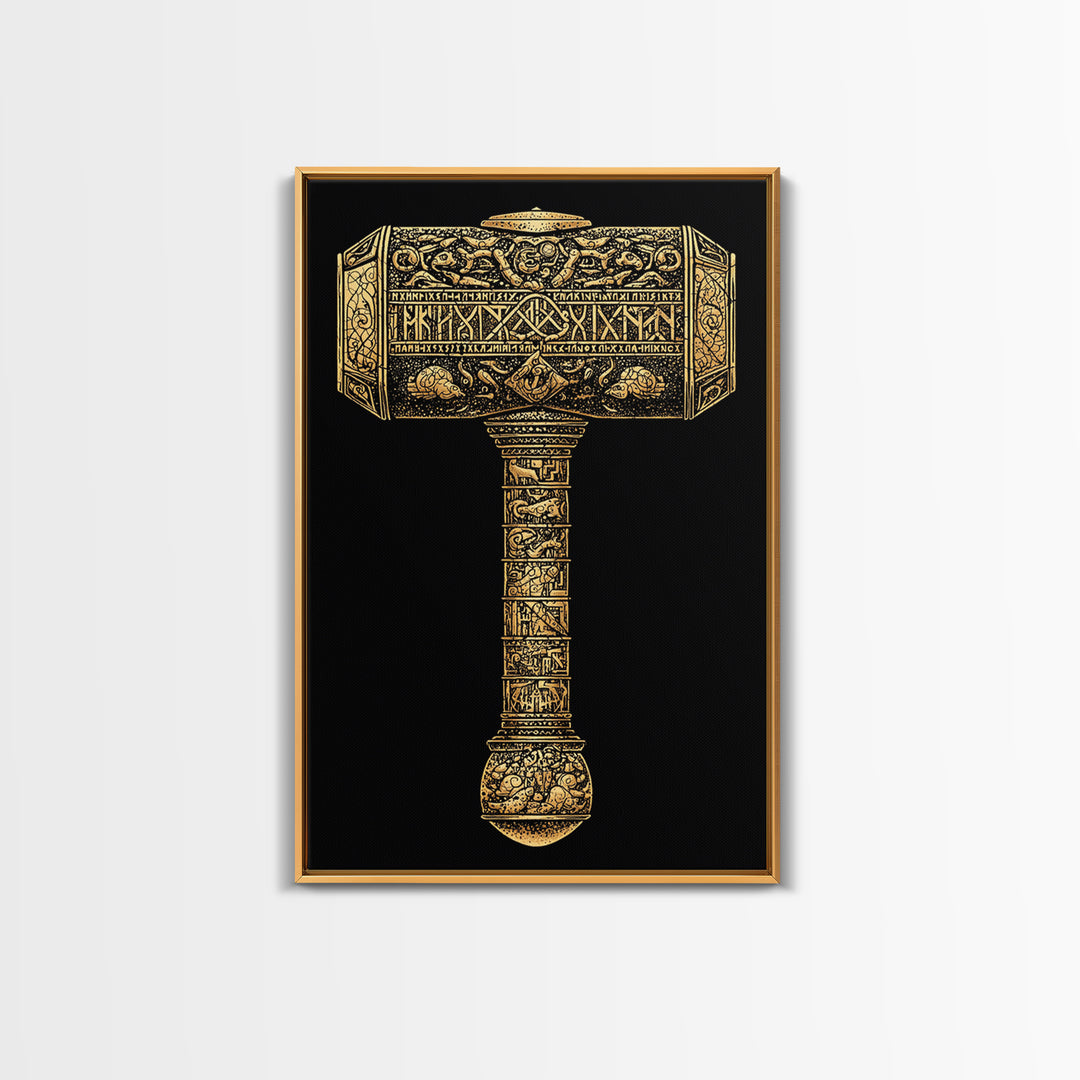 Viking Mjölnir Hammer Canvas Gold Art Canvas Art | Nordic Mythology Pagan Symbol Wall Art Dad Gift | Office Decor in Wood Frame