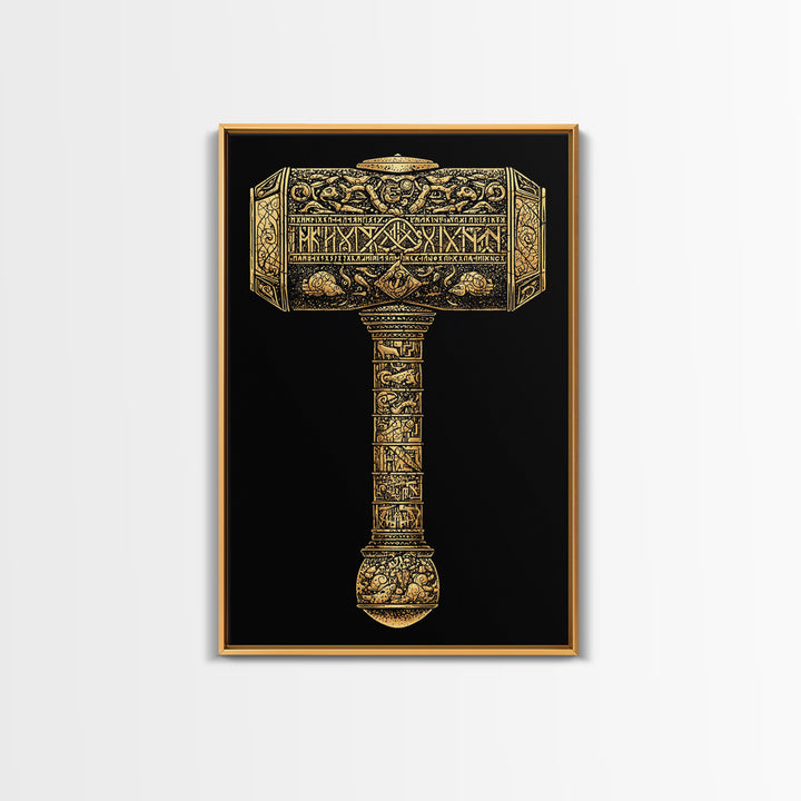 Viking Mjölnir Hammer Canvas Gold Art Canvas Art | Nordic Mythology Pagan Symbol Wall Art Dad Gift | Office Decor in Wood Frame