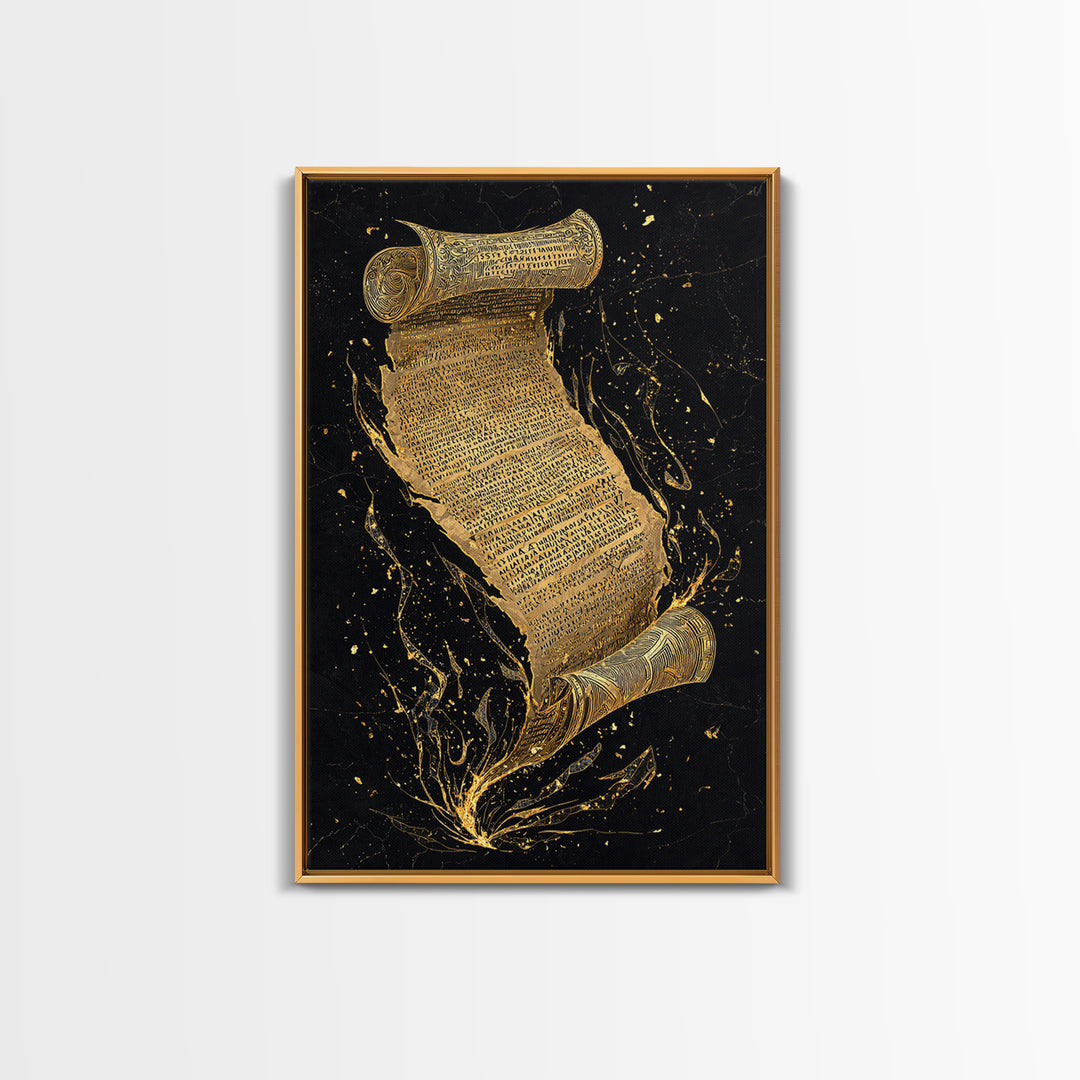 Runestone Scroll Canvas Gold Art Canvas Art | Nordic Mythology Rune Wall Art Viking Pagan Decor | Natural Wood Frame Man Cave Art