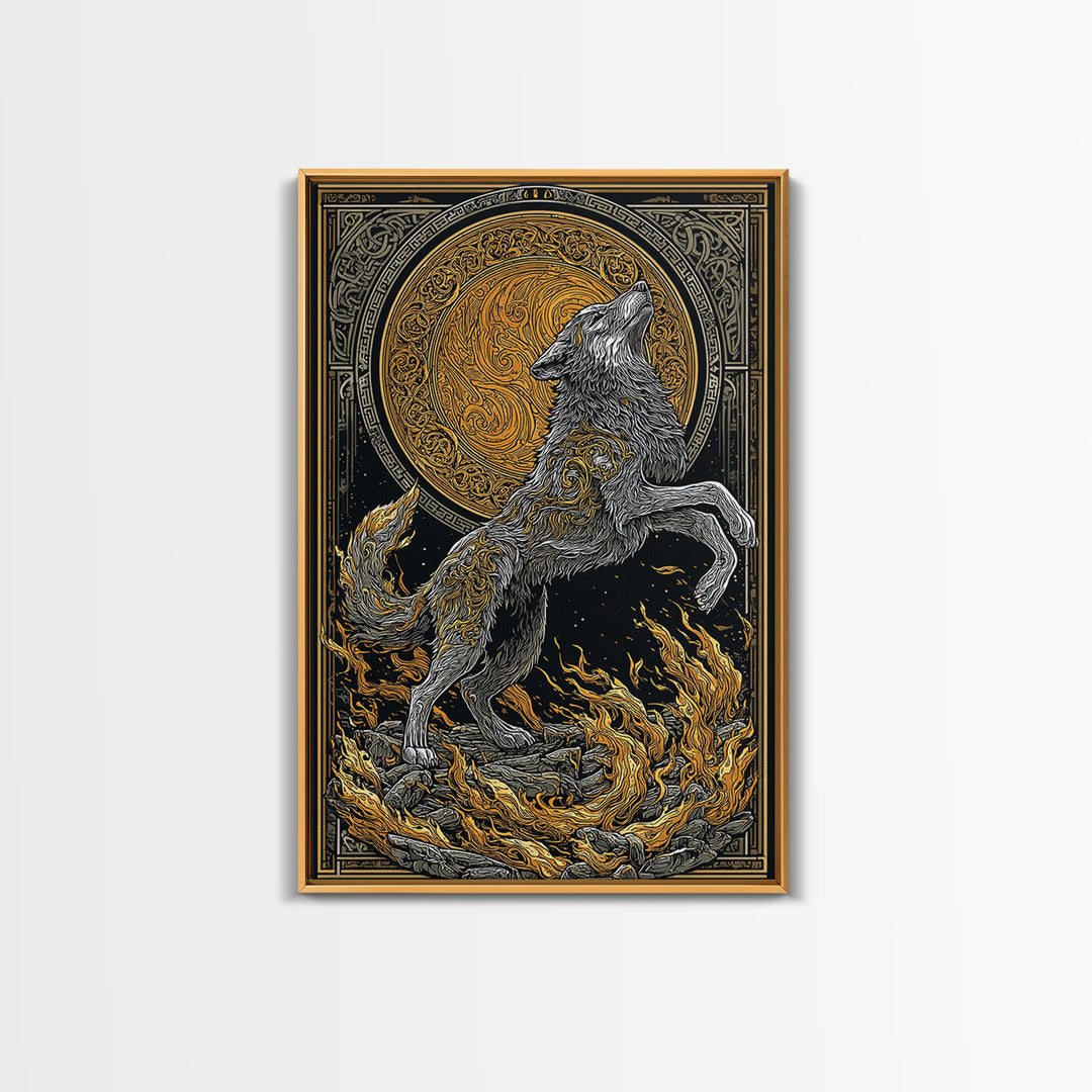Mythic Wolf Spirit Canvas Gold Art Canvas Art | Norse Viking Wall Art Pagan Symbol Decor for Man Cave | Set with Natural Wood Frame