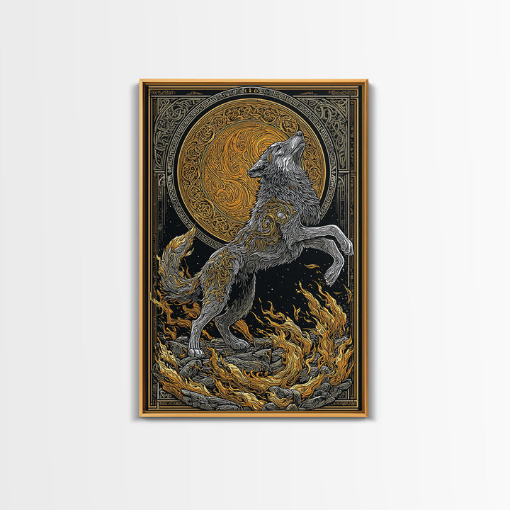Mythic Wolf Spirit Canvas Gold Art Canvas Art | Norse Viking Wall Art Pagan Symbol Decor for Man Cave | Set with Natural Wood Frame