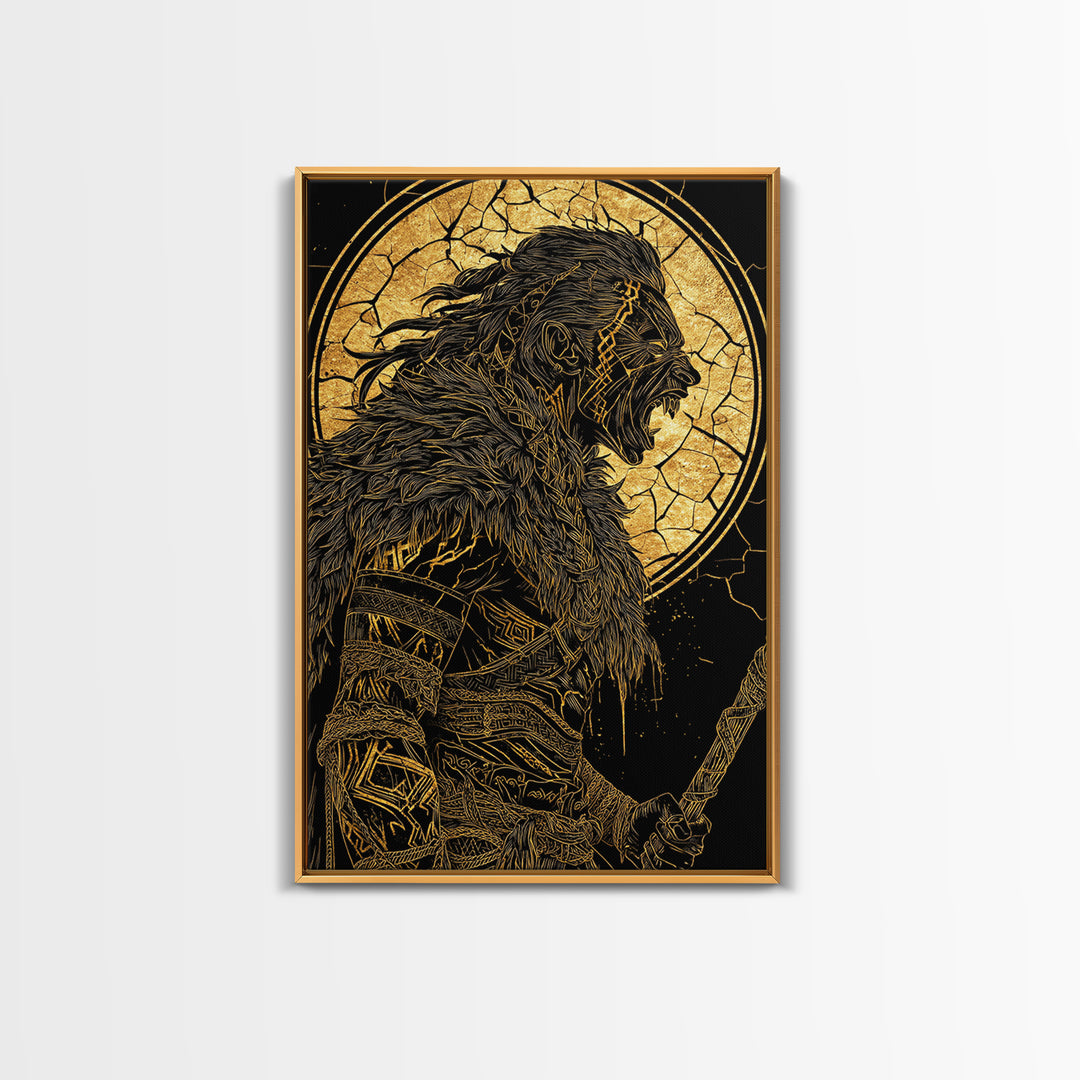 Fierce Viking Berserker Canvas Gold Art Canvas Art | Norse Mythology Warrior Wall Art Dad Gift | Mounted with Real Wood Frame